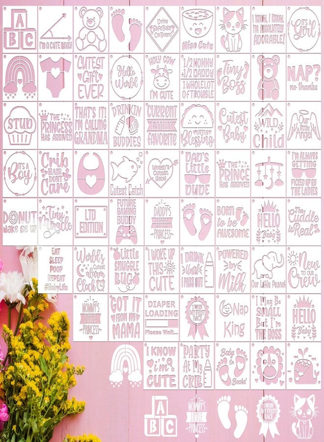 AFRITEE Baby Shower Onesie Stencils for Painting - 65 Pcs Small Baby Shower Reusable Stencils for Painting for Canvas Decoration, Cute Panda Cow Cat Painting Templates DIY Home Walls Fabric Decorations - Image 1